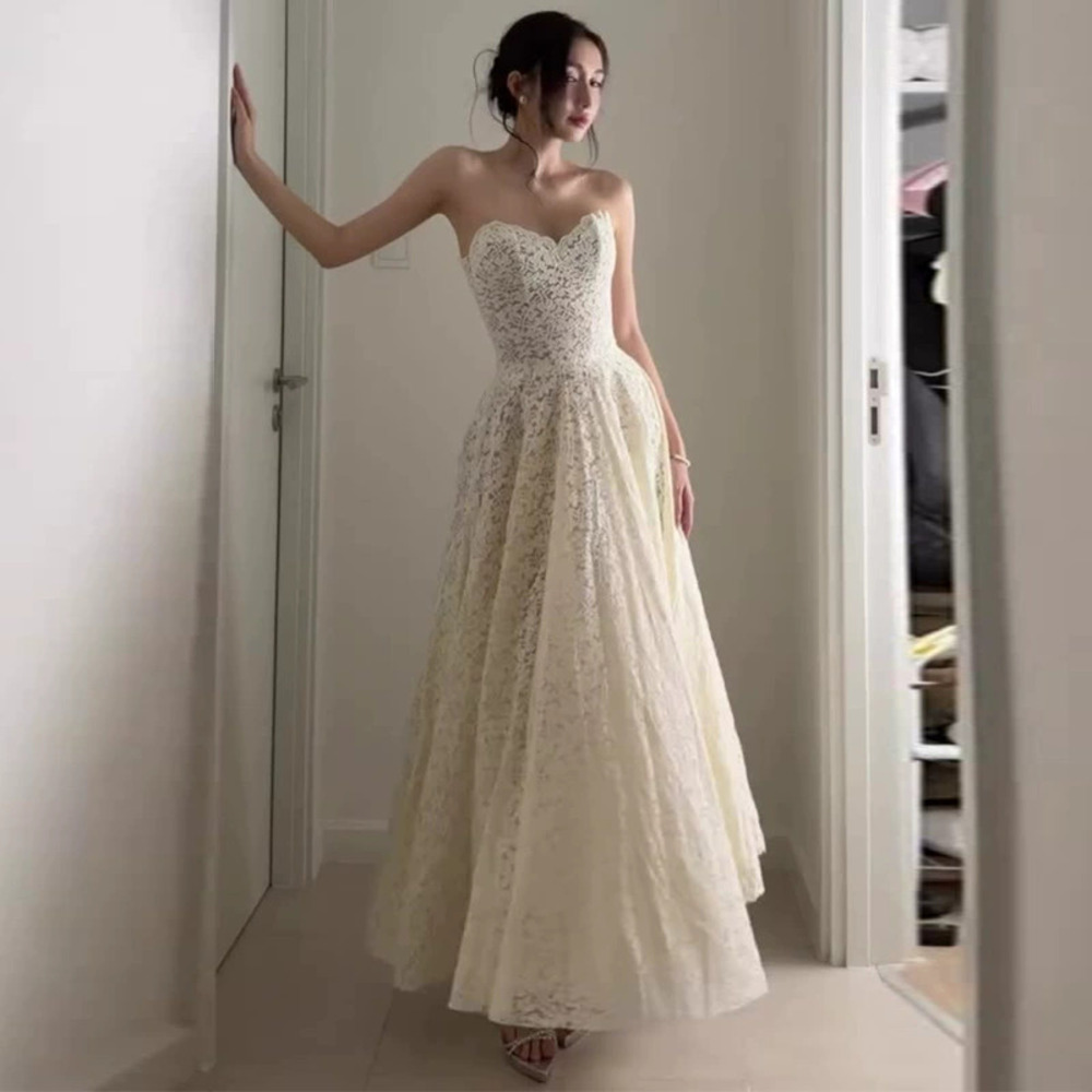 Forever 21 Elegant White Lace Strapless Waist Cinching Long Dress
